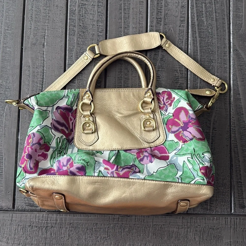 Coach Green, Purple and Gold Floral Satchel - Picture 4 of 6